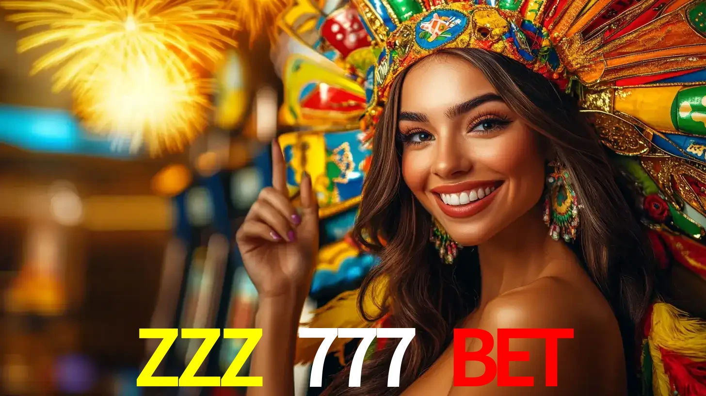 Mulher sorridente com um cocar de carnaval vibrante e colorido, celebrando uma grande vitória nos jogos do cassino ZZZ 777 BET com fogos de artifício ao fundo.