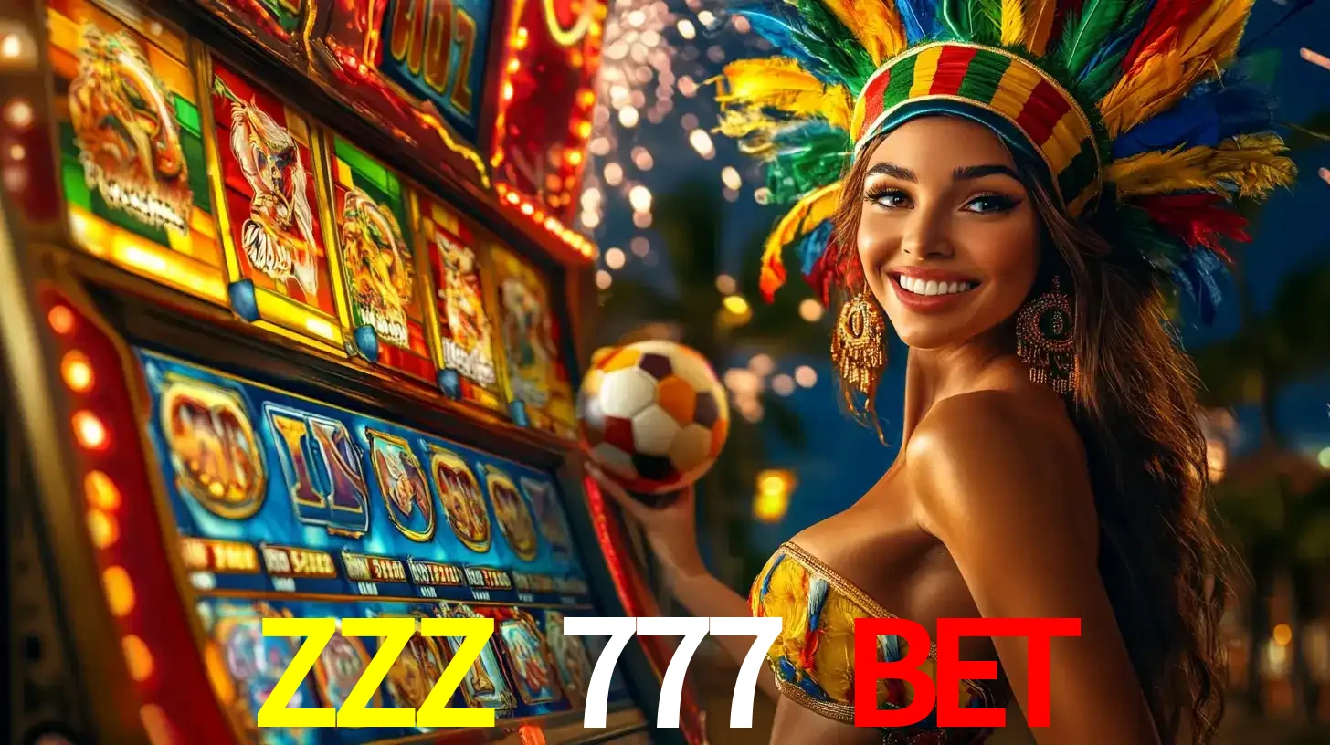 Mulher com um cocar de carnaval ao lado de uma máquina de caça-níqueis enquanto segura uma bola de futebol, mostrando a união da diversão de cassino e esportes no ZZZ 777 BET.
