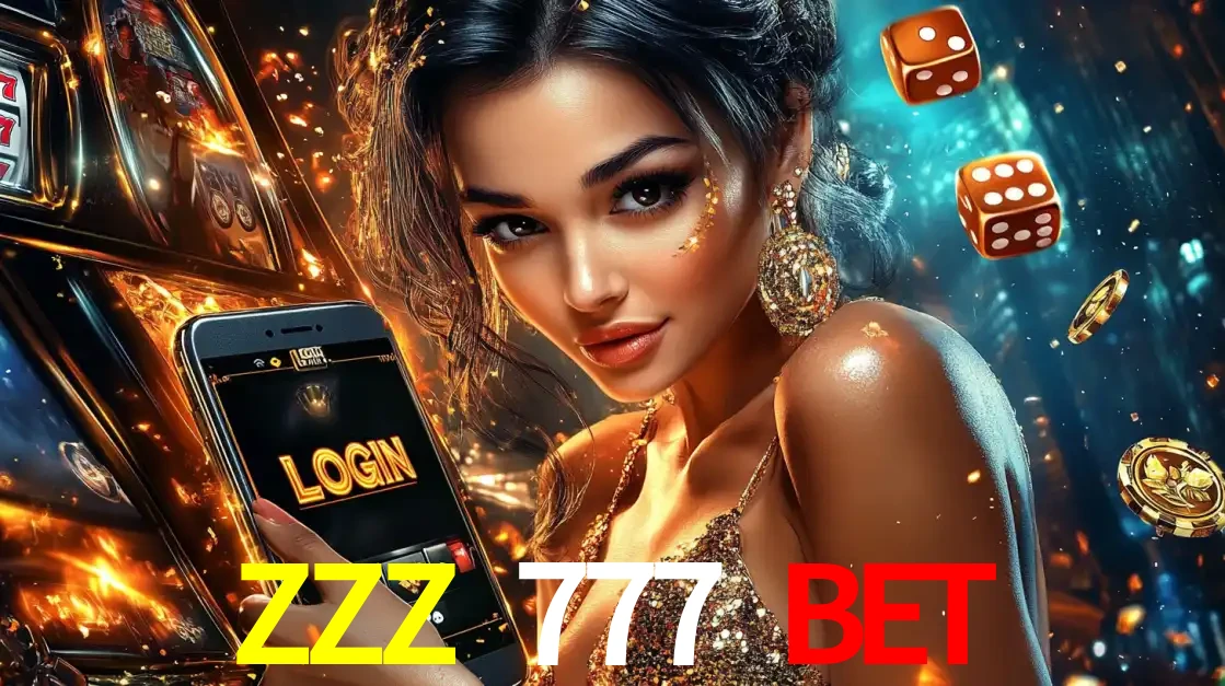 Mulher glamourosa segurando um celular com a tela de login do cassino ZZZ 777 BET, rodeada por dados e moedas douradas, pronta para começar a diversão.
