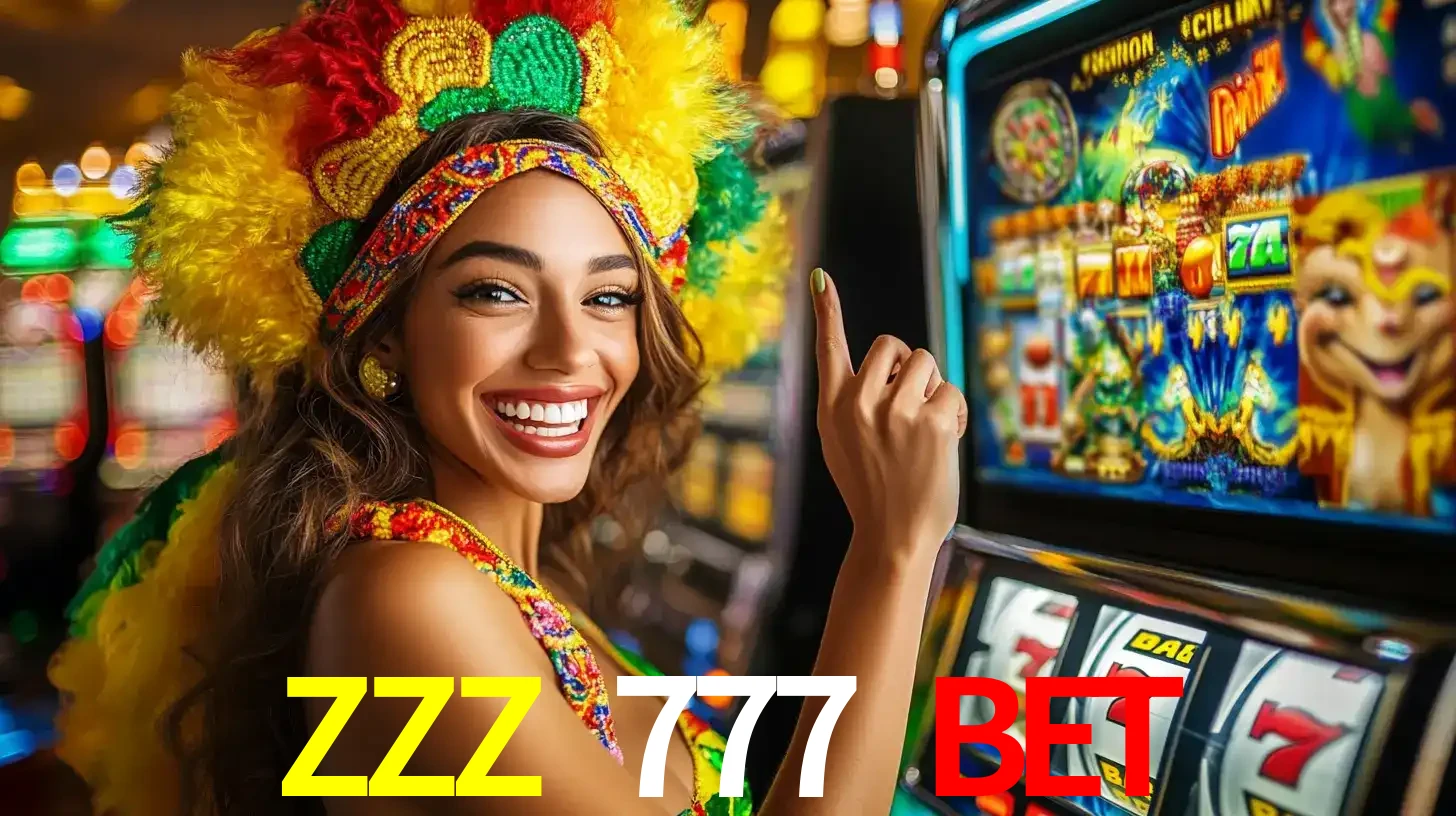 Mulher animada com um cocar de carnaval apontando para uma máquina de caça-níqueis, mostrando a emoção de ganhar um grande prêmio nos jogos do ZZZ 777 BET.