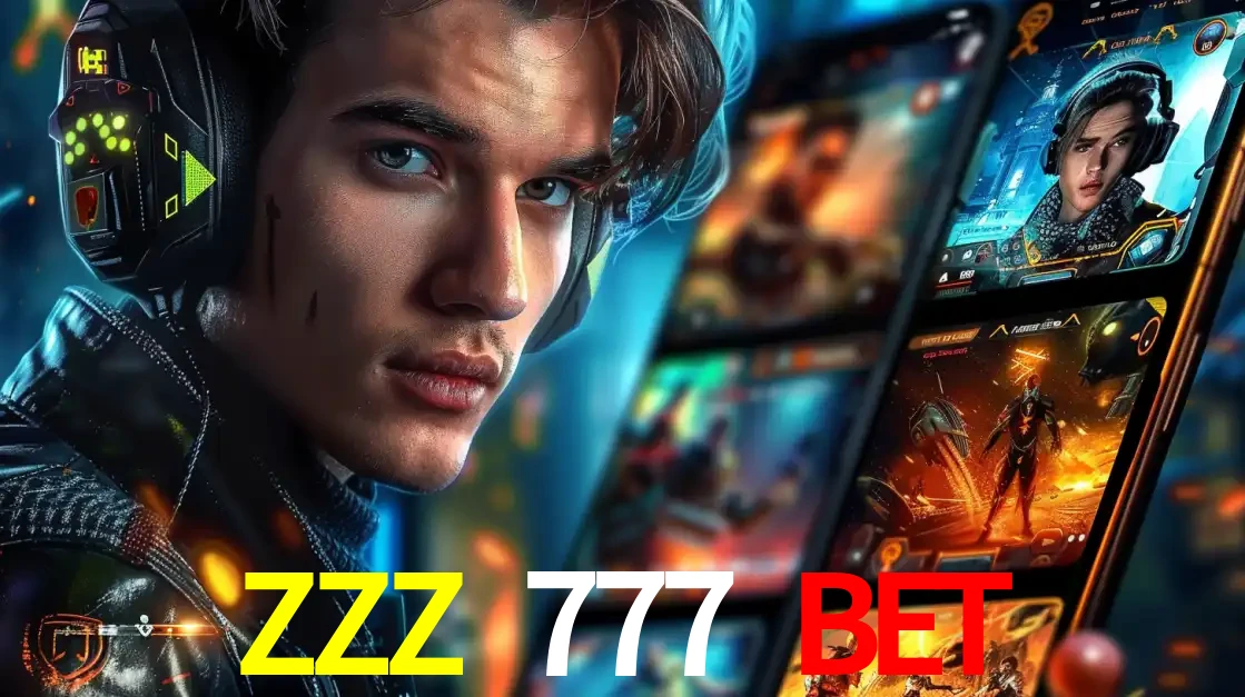 Jovem jogador com fones de ouvido olhando para a câmera, com um aplicativo de jogos e e-sports para celular ao fundo, pronto para a competição e apostas no ZZZ 777 BET.