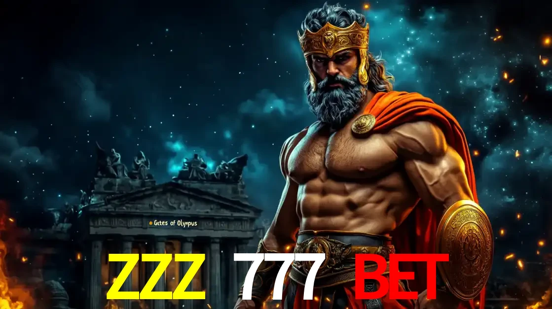 O poderoso Zeus do jogo de slot Gates of Olympus em frente ao seu templo, pronto para lançar multiplicadores divinos e prêmios épicos no cassino online ZZZ 777 BET.