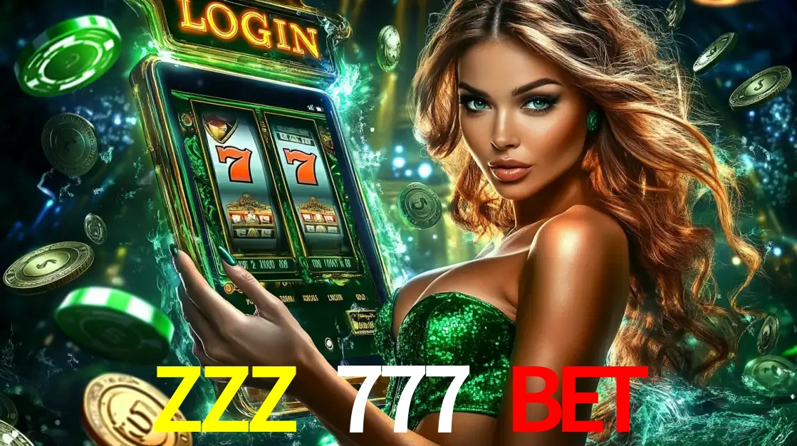 Mulher com tema verde apresentando o aplicativo do cassino ZZZ 777 BET com um jogo de slot de 777, cercada por fichas de cassino e uma aura de sorte.