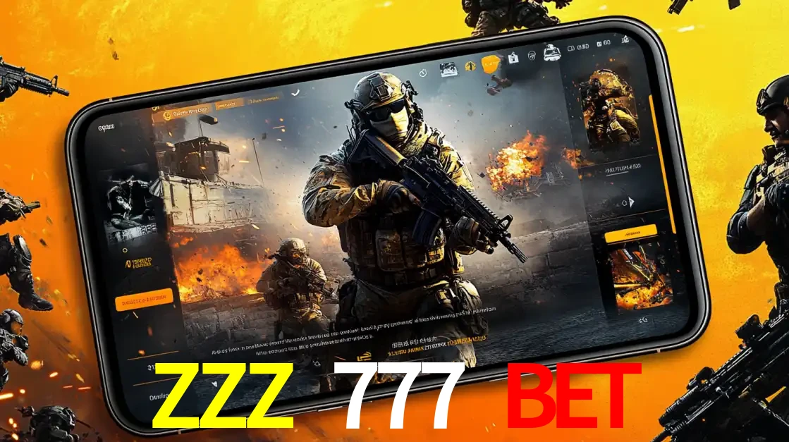 Um smartphone exibindo a interface de um jogo de tiro em primeira pessoa, com um soldado em um cenário de batalha, representando a ação dos e-sports para apostar no ZZZ 777 BET.