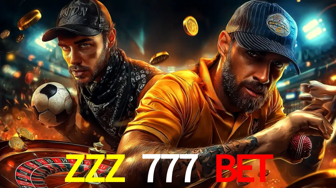 Montagem de apostas esportivas e cassino no ZZZ 777 BET, com um homem segurando uma bola de futebol e outro uma de beisebol sobre uma roleta e moedas voadoras.