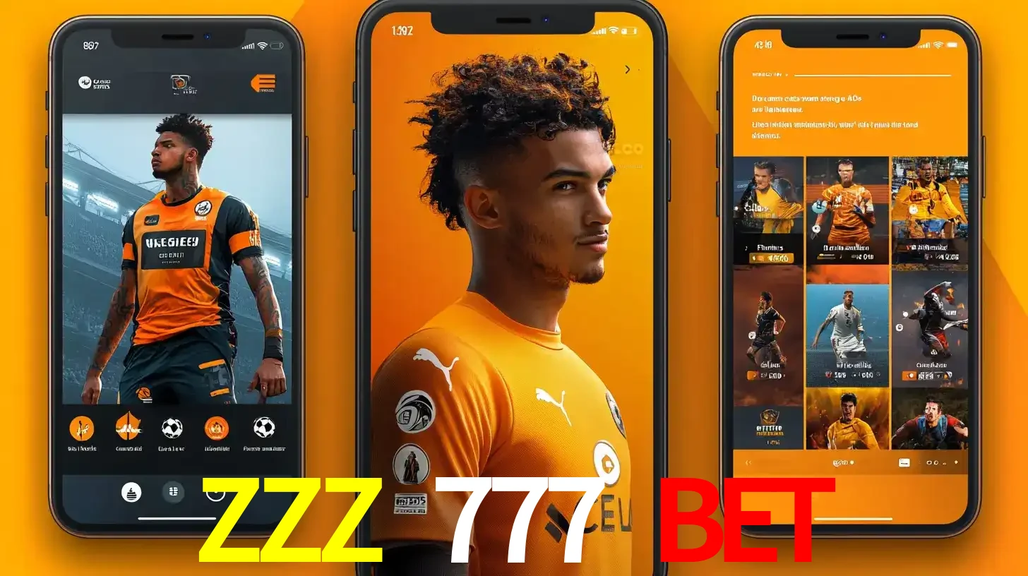 Interface do aplicativo de apostas esportivas ZZZ 777 BET em três telas de celular, mostrando o perfil de um jogador de futebol e a lista de jogos disponíveis para apostar.