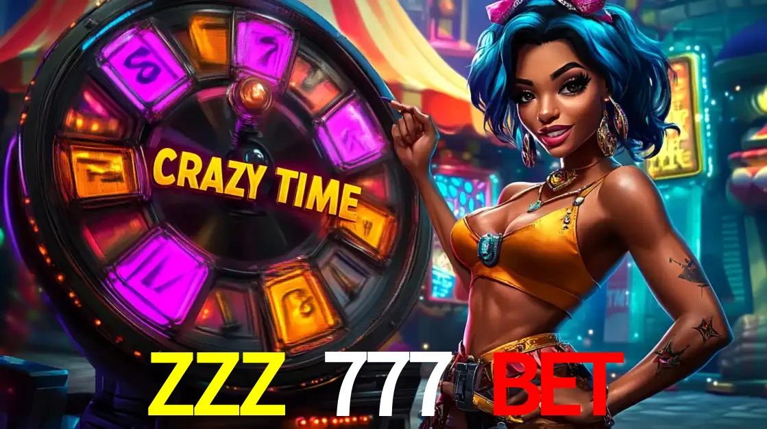 Mulher estilizada com cabelo azul e visual vibrante posando ao lado da roda de prêmios do game show Crazy Time, convidando para a diversão e os bônus do cassino ZZZ 777 BET.