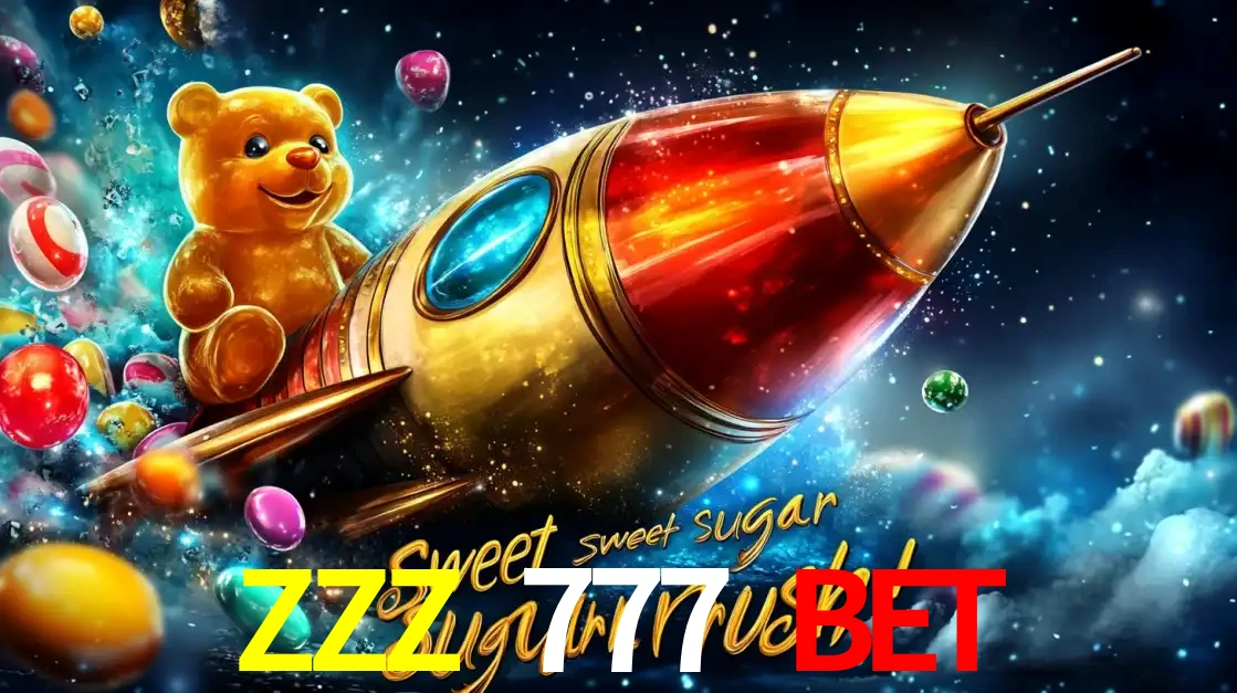 Arte promocional do jogo de slot Sugar Rush, com um urso de pelúcia em um foguete viajando pelo espaço de doces, um dos jogos divertidos disponíveis no cassino ZZZ 777 BET.