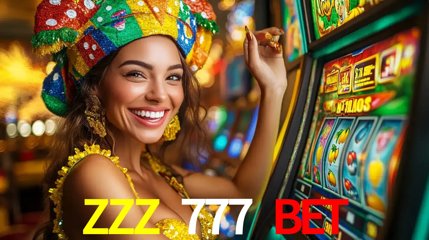Mulher feliz com traje de carnaval amarelo e colorido ao lado de uma máquina de caça-níqueis, aproveitando a diversão e os jogos temáticos do cassino ZZZ 777 BET.