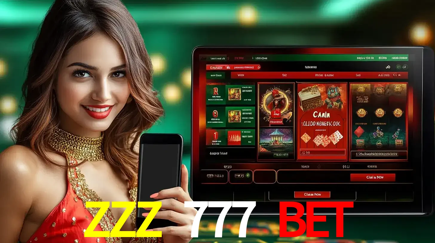 Mulher sorridente segurando um smartphone, ao lado de uma tela exibindo o lobby de jogos do cassino online ZZZ 777 BET, com várias opções de jogos de cartas e slots.
